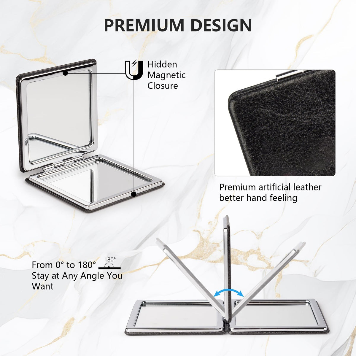 Foldable Travel Compact Mirror with Magnification - Black