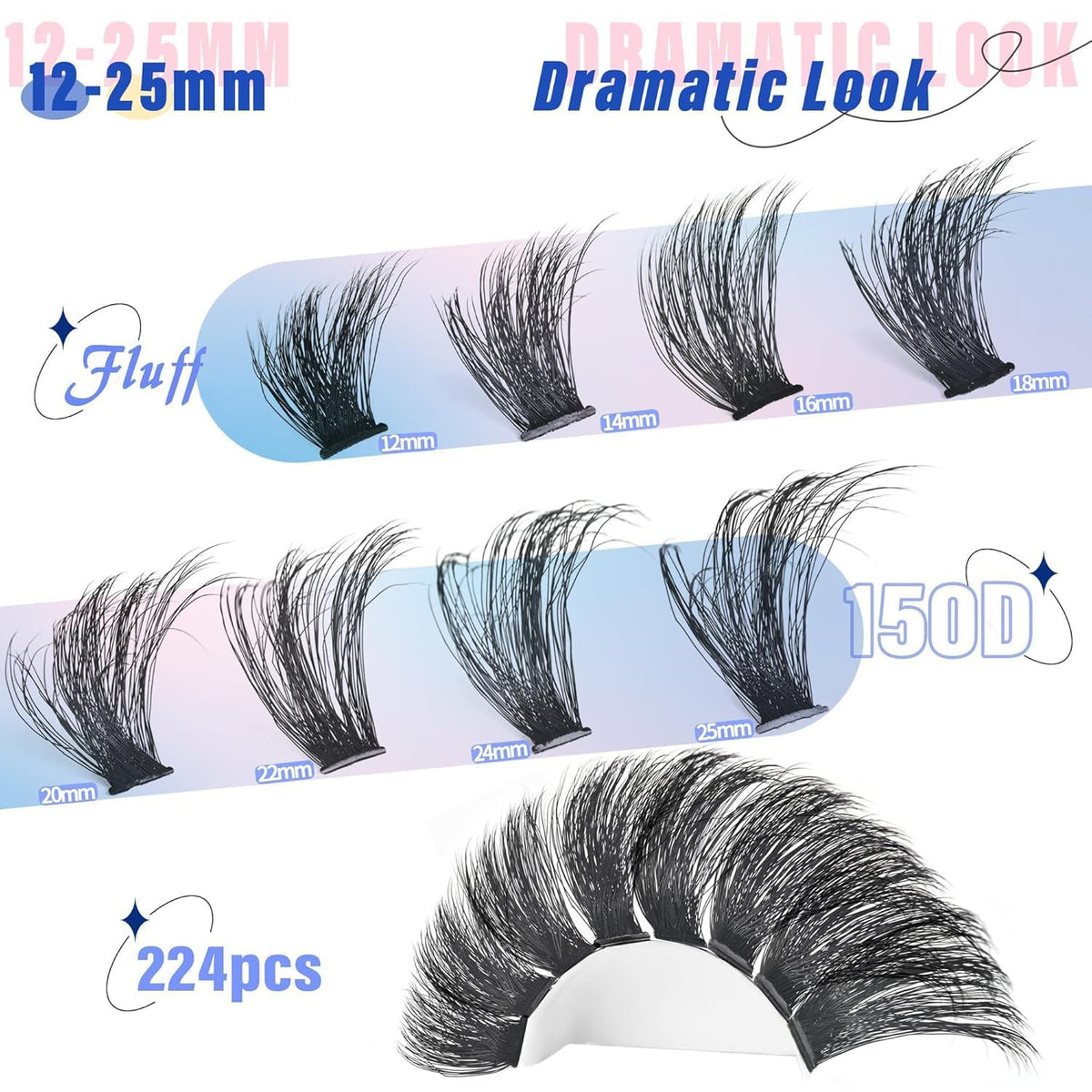 12-25mm Thick Cluster Eyelash Extensions 224Pcs Volume False Lashes