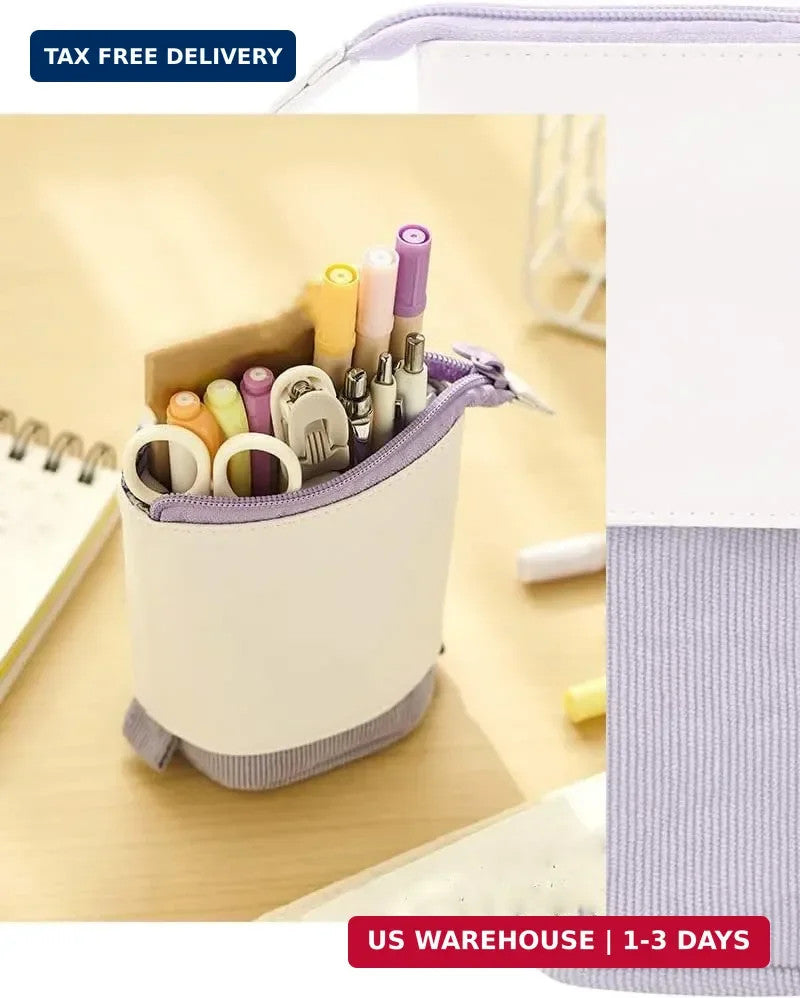 Retractable Pencil Bag Pen Organizer with PU Corduroy Stand-up Design