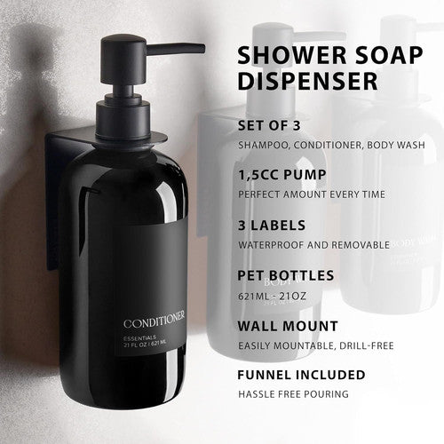 Stylish Shampoo & Conditioner Dispenser Set of 3 - Wall Mount, Drill
