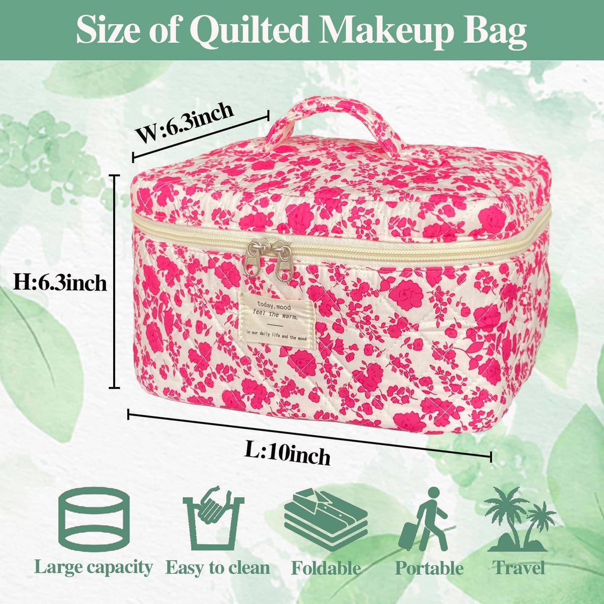 Large Floral Quilted Makeup Bag - Travel Cosmetic Organizer, Pink & Red