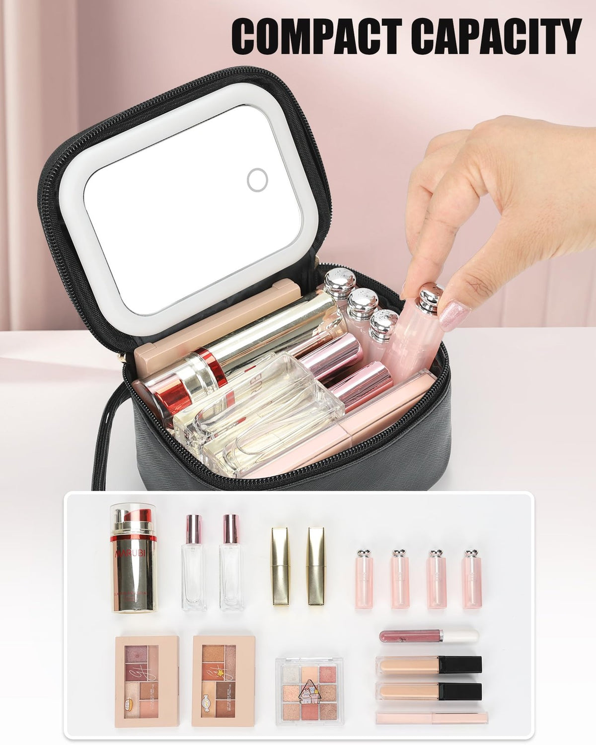 Mini Makeup Bag with LED Mirror - Personalized Initial Cosmetic Organizer for Women