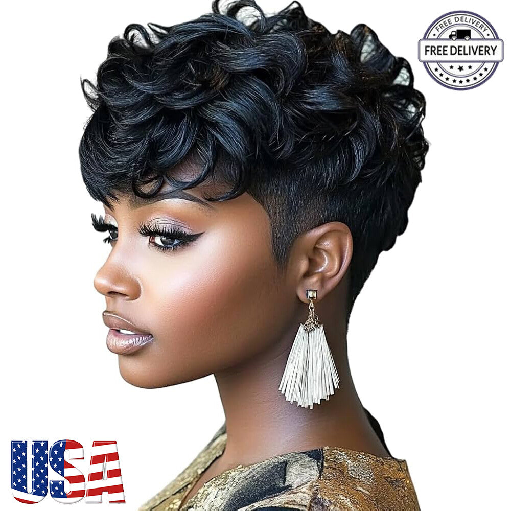 Short Pixie Wig for Black Women Human Hair Natural Style - Adjustable Cap