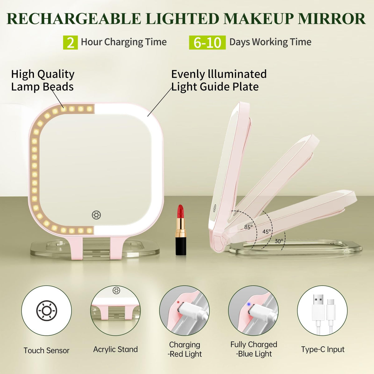 30X Travel Magnifying Mirror with Light - 7 Inch Double Sided Pink Vanity Mirror Rechargeable Portable Makeup Mirror