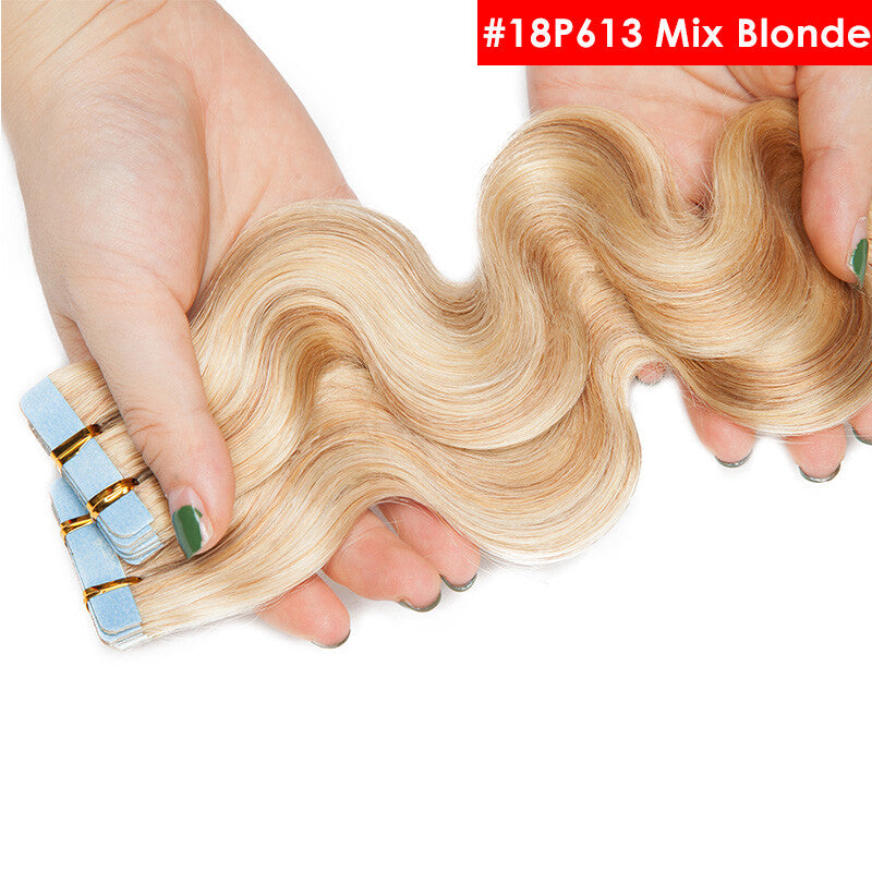 Full Head Thick Tape-In Human Hair Extensions - Remy Wavy Skin Weft