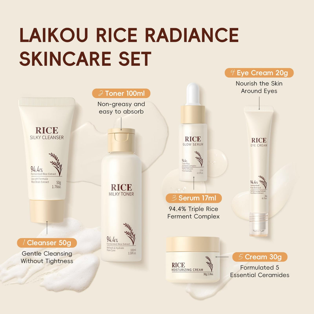 Korean Skin Care Set with Rice Cleanser 5pcs - Hydrating & Rejuvenating