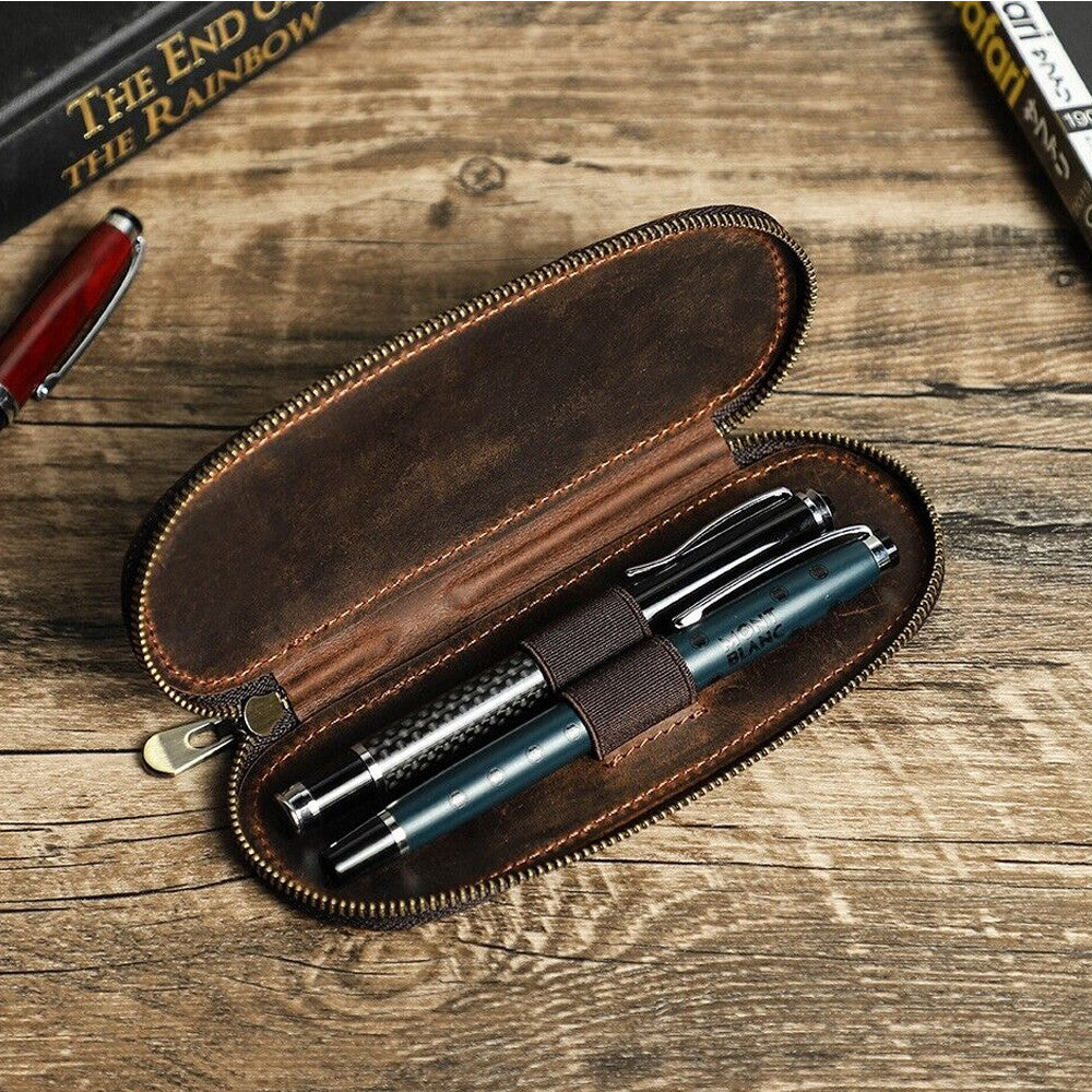 Handmade Cowhide Leather Pen Pouch Zipper Pencil Case Stationery Storage