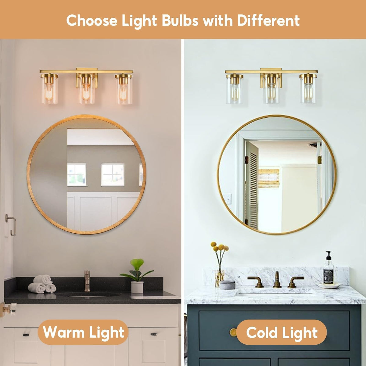 20in Bathroom Vanity Light Fixture with 3 Clear Glass Shades - Gold Wall Sconce