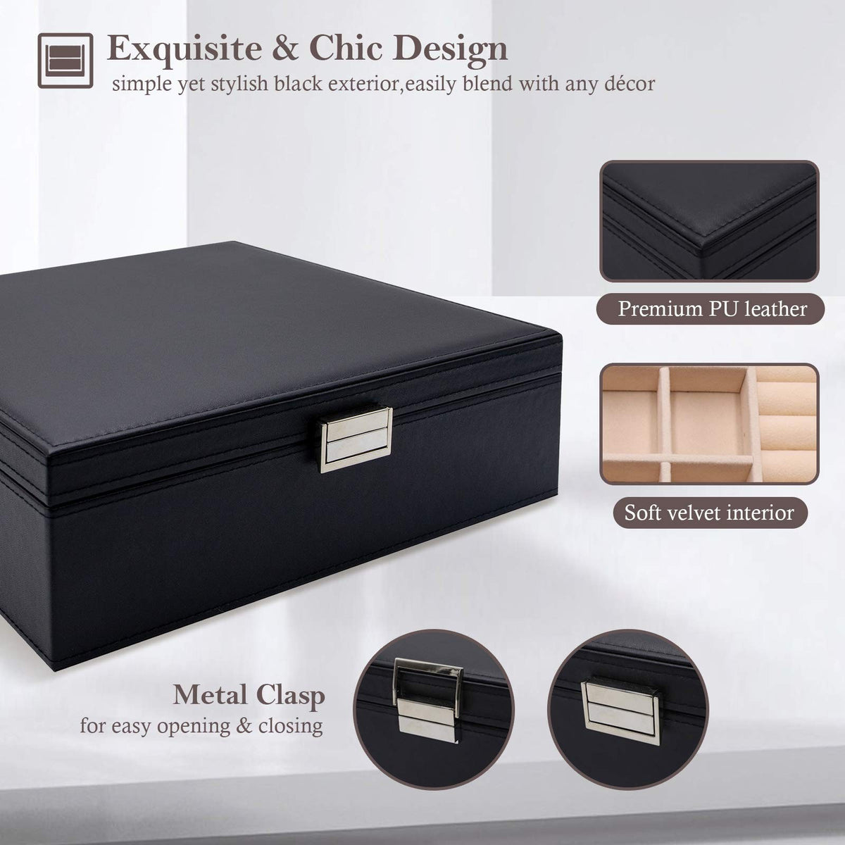 Large 2-Layer Jewelry Box Organizer for Women, 10.43 x 3.54 Inches, Black