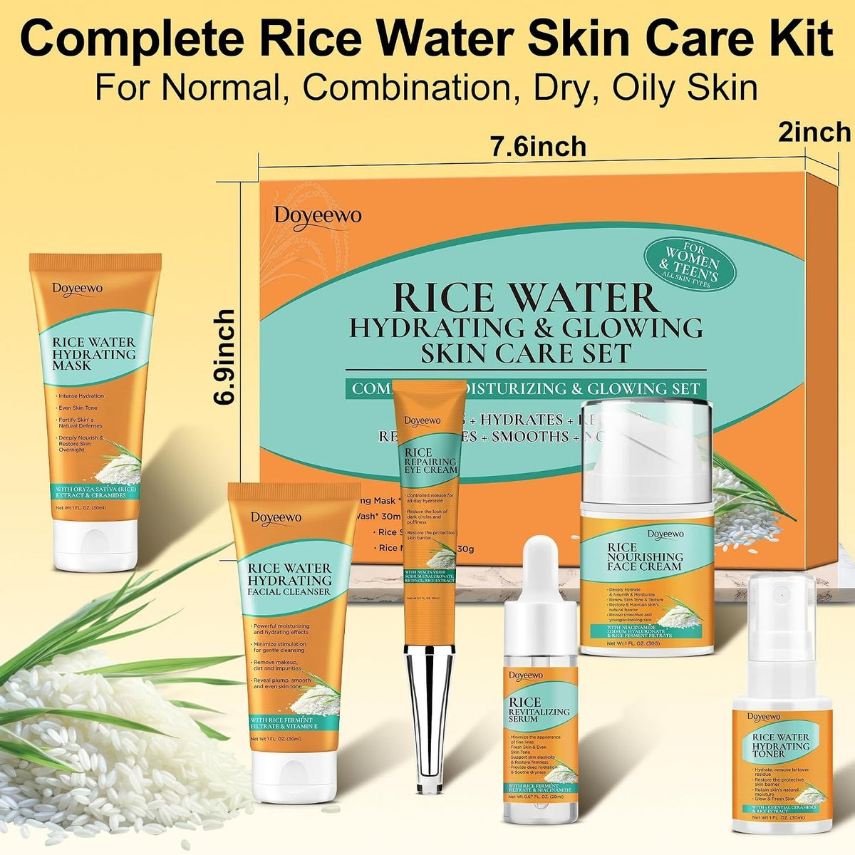 All-in-One Facial Care Set with Rice Extract for All Skin Types - 6 Pieces