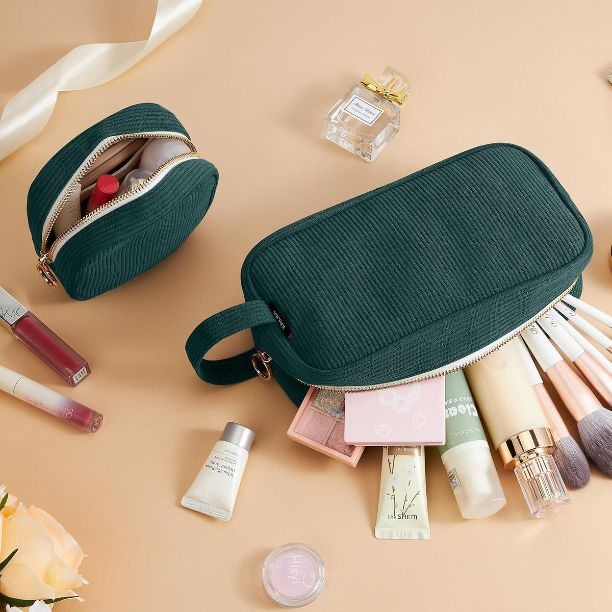 Mini Makeup Bag with Ring Zipper - Corduroy Cosmetic Pouch for Purse