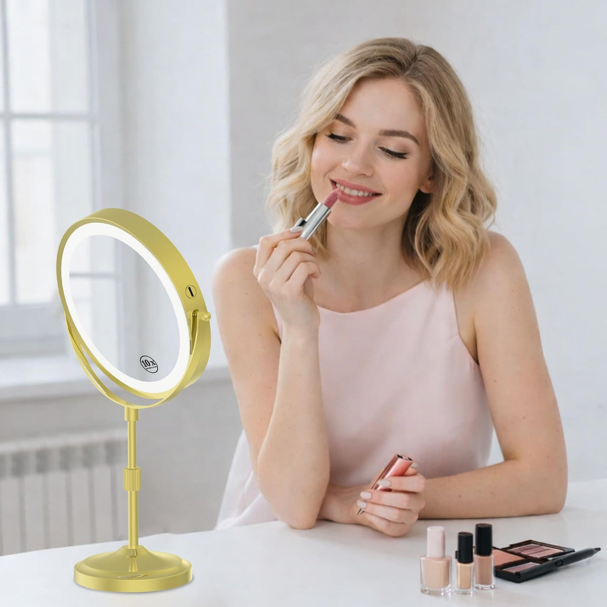 Lighted Makeup Mirror with 1X/10X Magnification, Dimmable & Cordless, 9 Inch Diameter, Rechargeable, Gold