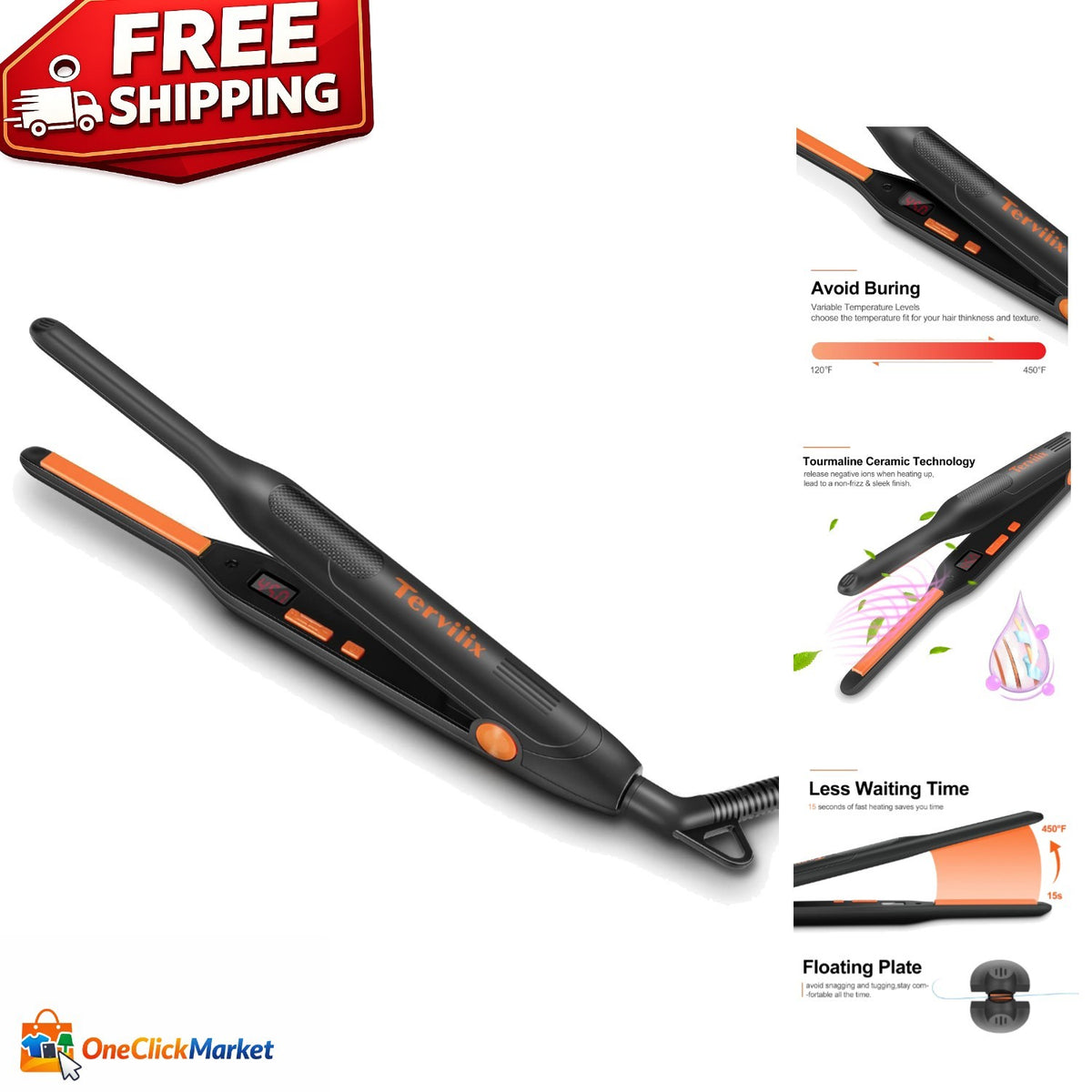 Mini Flat Iron for Short Hair - Adjustable 120-450°F, Compact Styling Tool