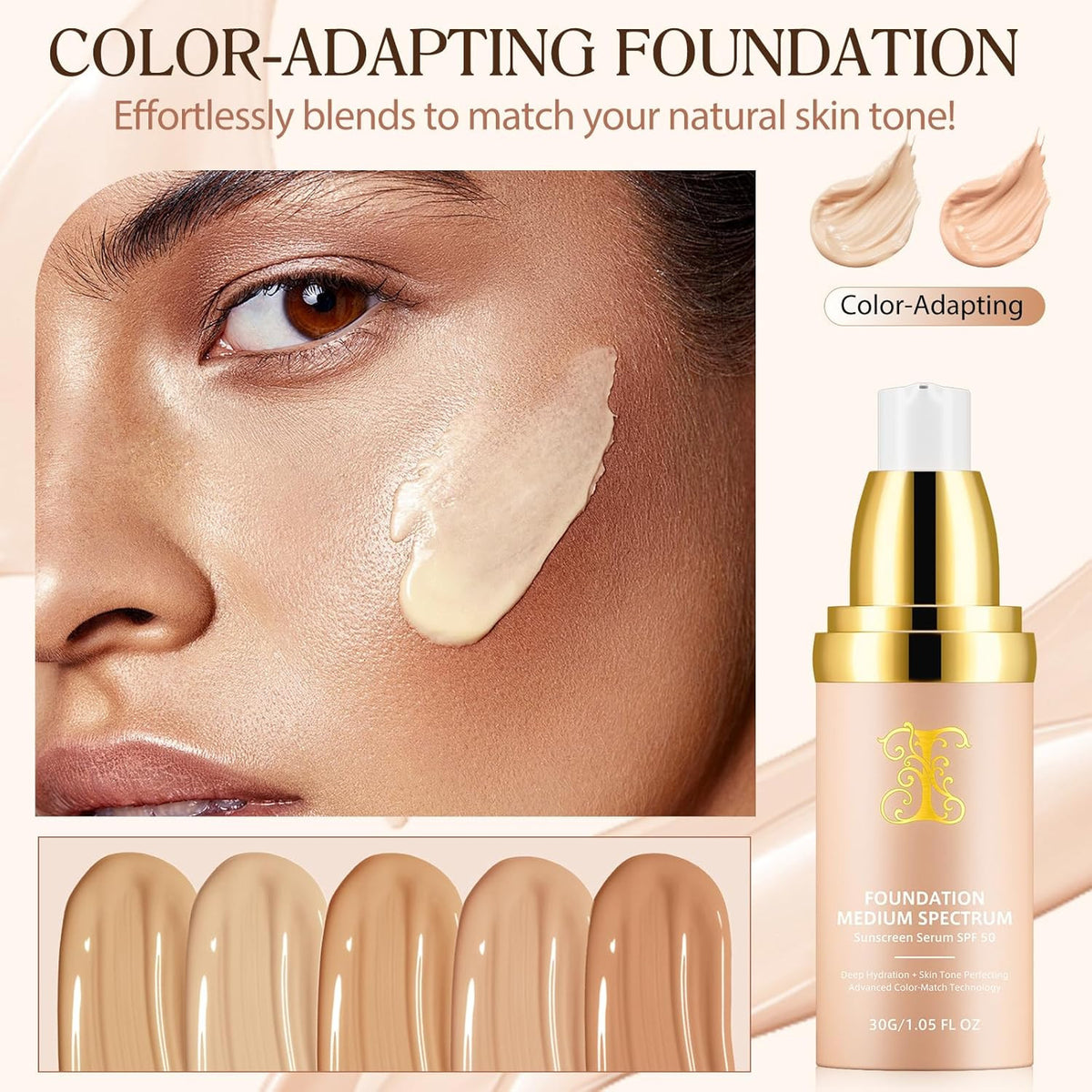 Color Changing Foundation SPF 50+ Longwear Waterproof Hydrating Makeup