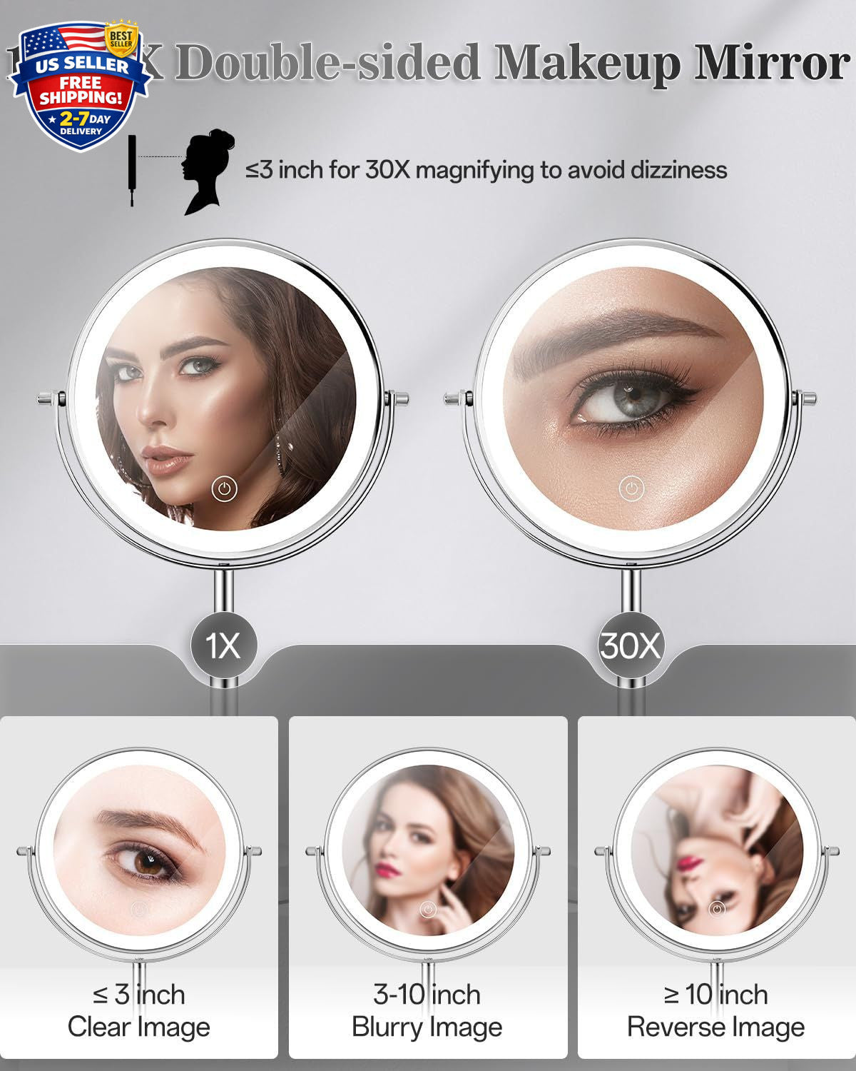 Adjustable Lighted Makeup Mirror with 30X Magnification and Rechargeable LEDs