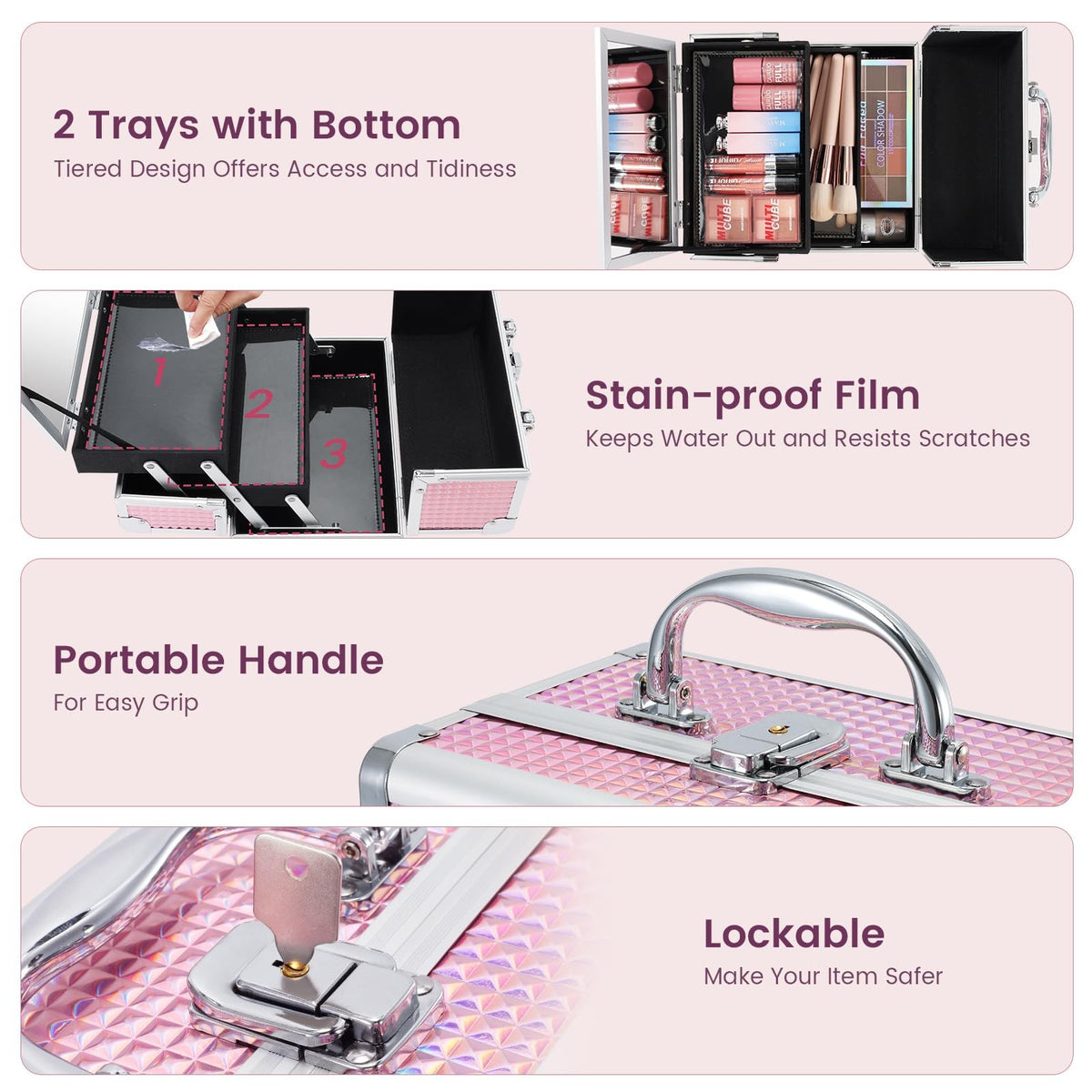 Pink Makeup Train Case with Mirror Portable Organizer Locking Hard Box