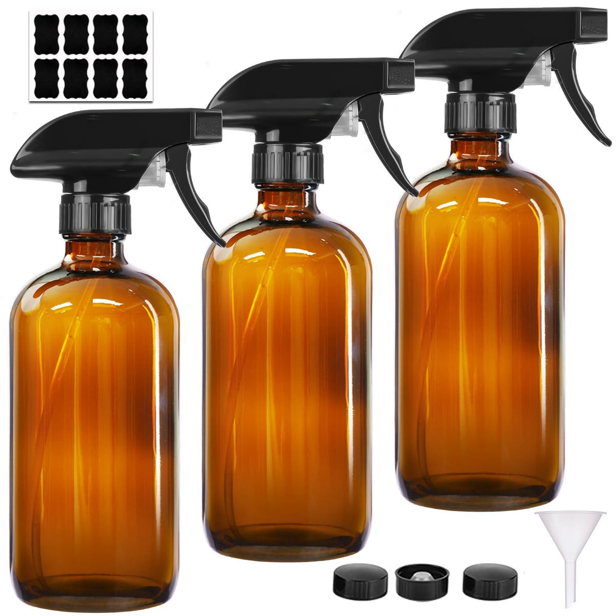 8 Oz Amber Glass Spray Bottles Set - Refillable with Adjustable Nozzle & Labels