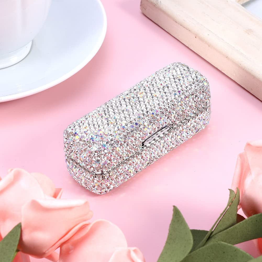 Crystal Rhinestone Lipstick Organizer with Mirror - Bling Makeup Case for Travel & Vanity
