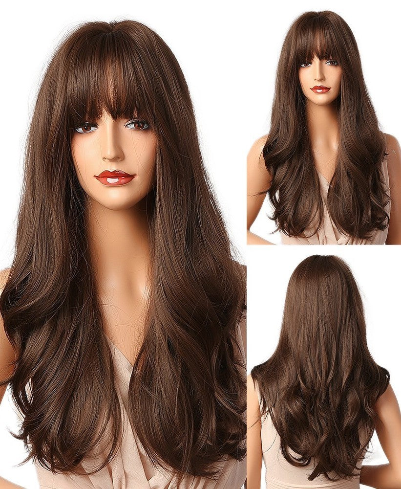Dark Brown Costume Wig with Bangs - Synthetic, Long Wavy, Heat-Resistant