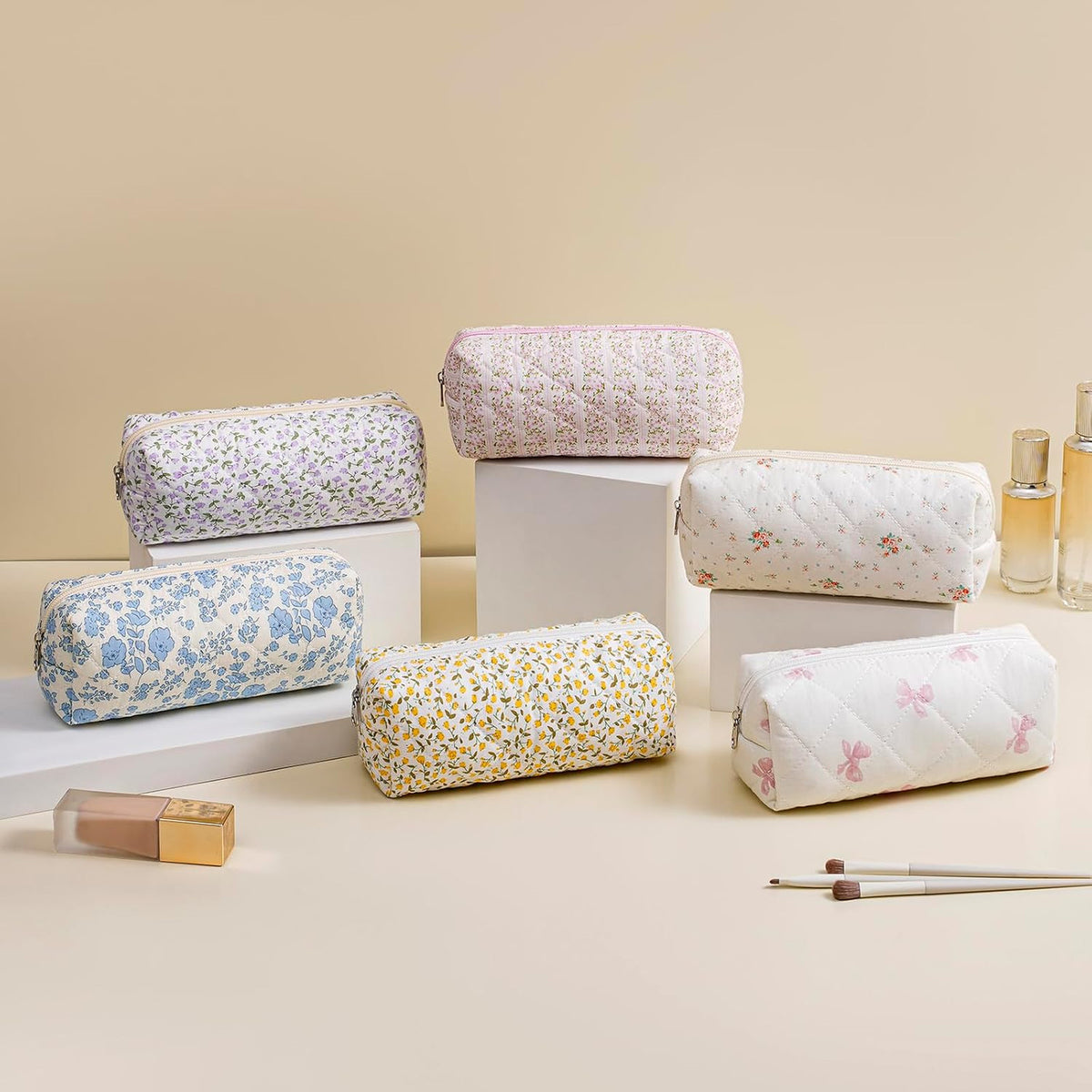 Pink Floral Cotton Makeup Bag with Brush Organizer Travel Case