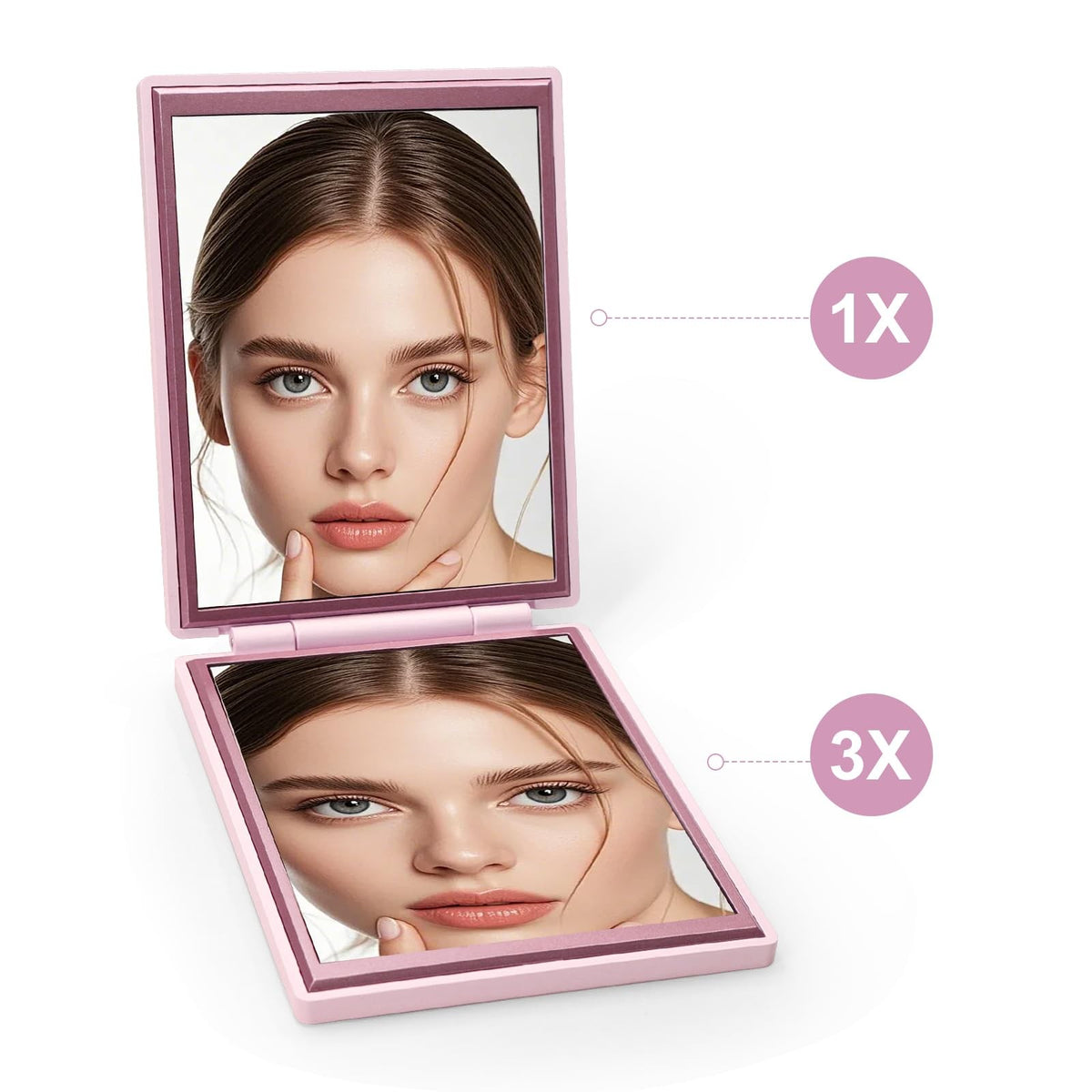 Portable Travel Compact Mirror with 1x/3x Magnification Pink