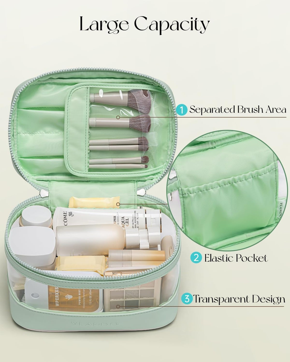 Large Waterproof Travel Makeup Bag for Women and Girls - Mint Green