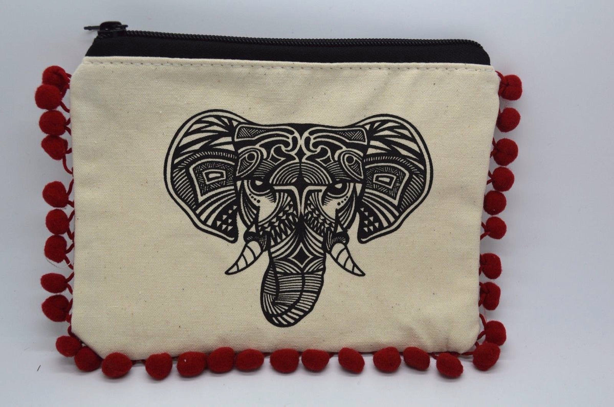 Geo Elephant Red Pom Pom Cosmetic Makeup Bag - 7.75 Inch Ivory Black Red