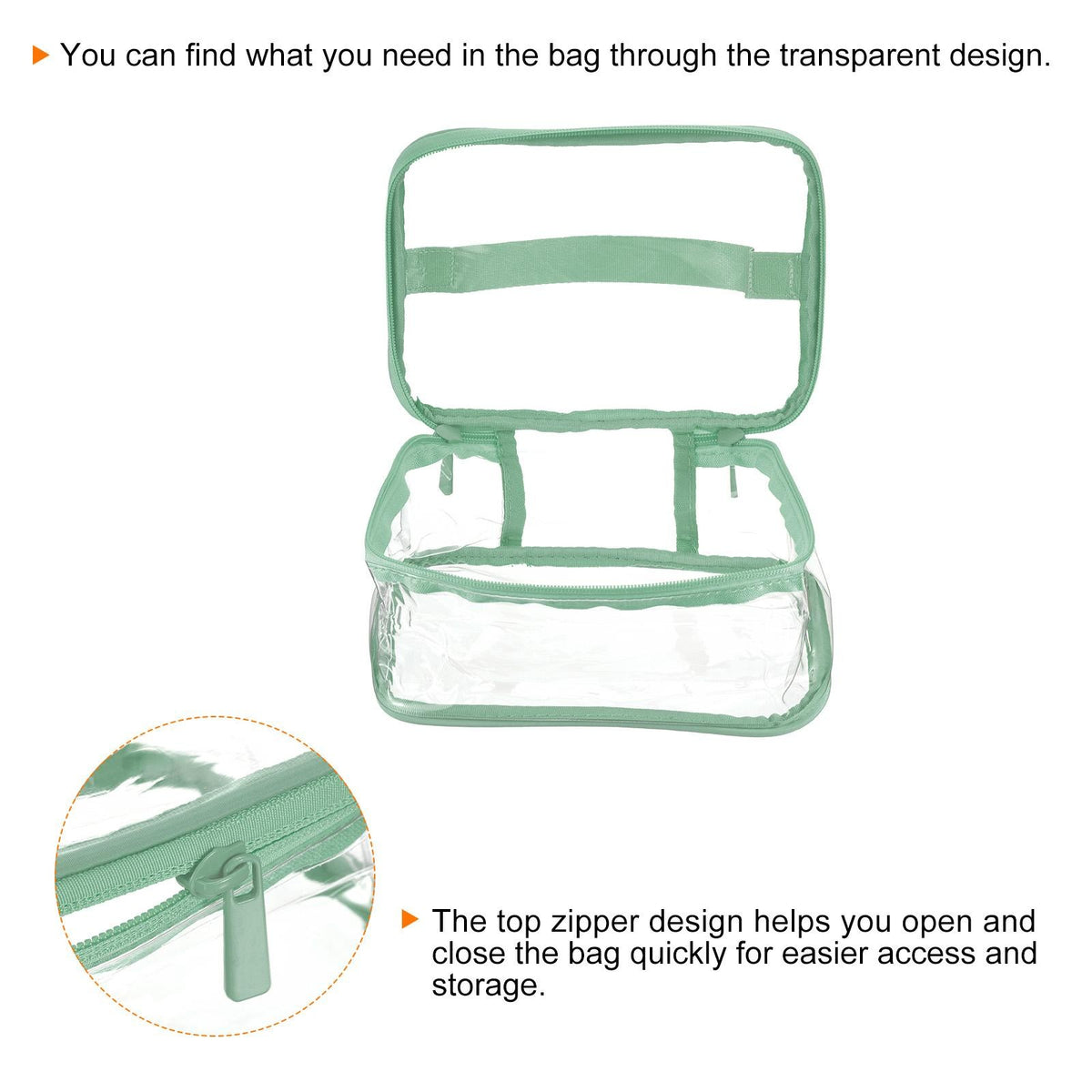 Clear PVC Toiletry Makeup Bag Set with Zipper & Handle - Green, 2 Pieces