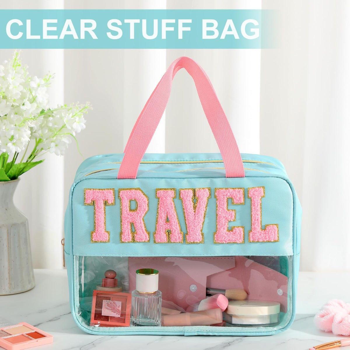 Large Waterproof Travel Cosmetic Bag with Handle and Clear PVC Design