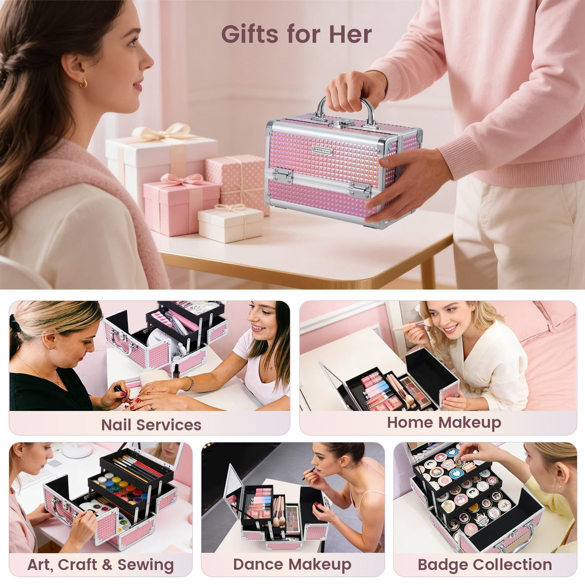 Pink Makeup Train Case with Mirror Portable Organizer Locking Hard Box