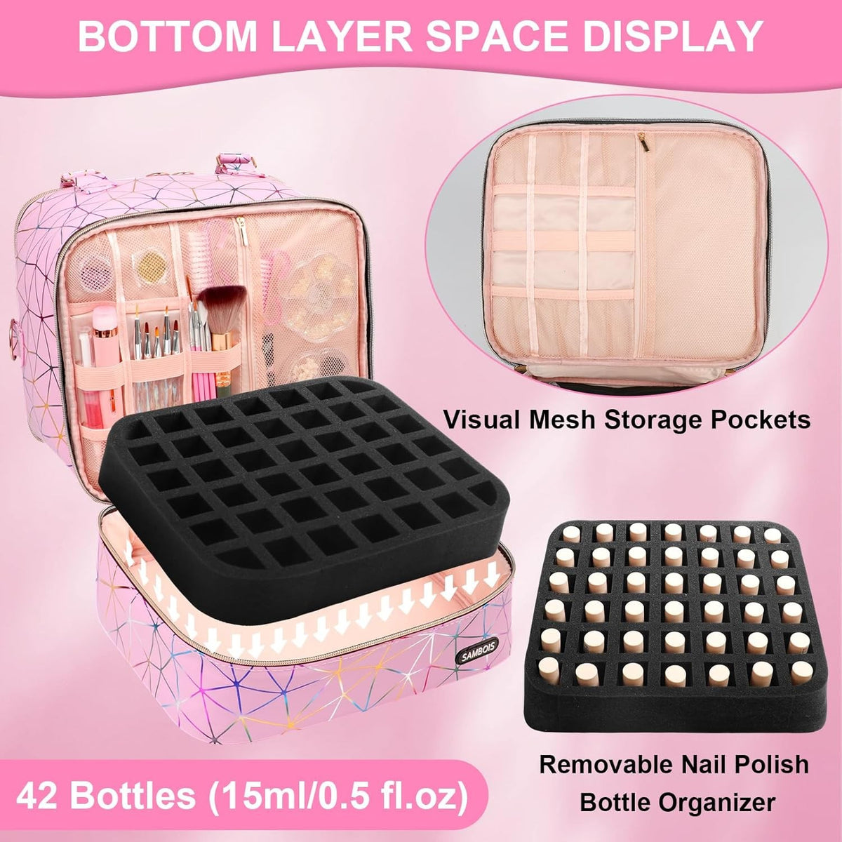 Large Capacity Nail Polish Organizer Bag with Lamp and Travel Case - Holds 84 Bottles