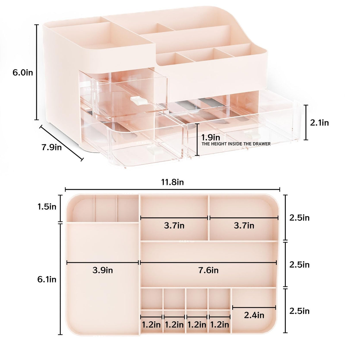 Pink Makeup Organizer with 3 Drawers - Large Vanity Storage for Skincare & Cosmetics