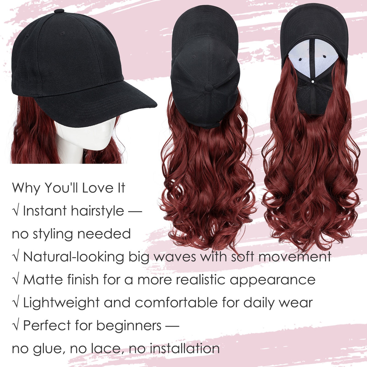 Women Baseball Cap Hat with Wavy Synthetic Hair Wig - Natural, Ombre