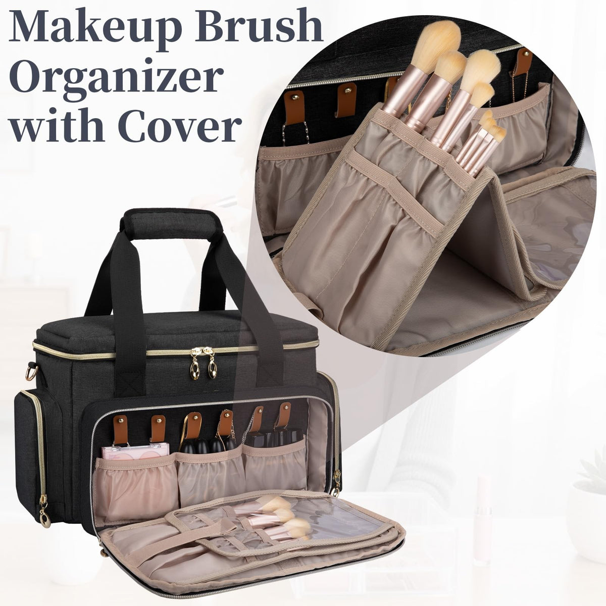 Large Travel Makeup Bag Organizer with Brush Compartments - Black