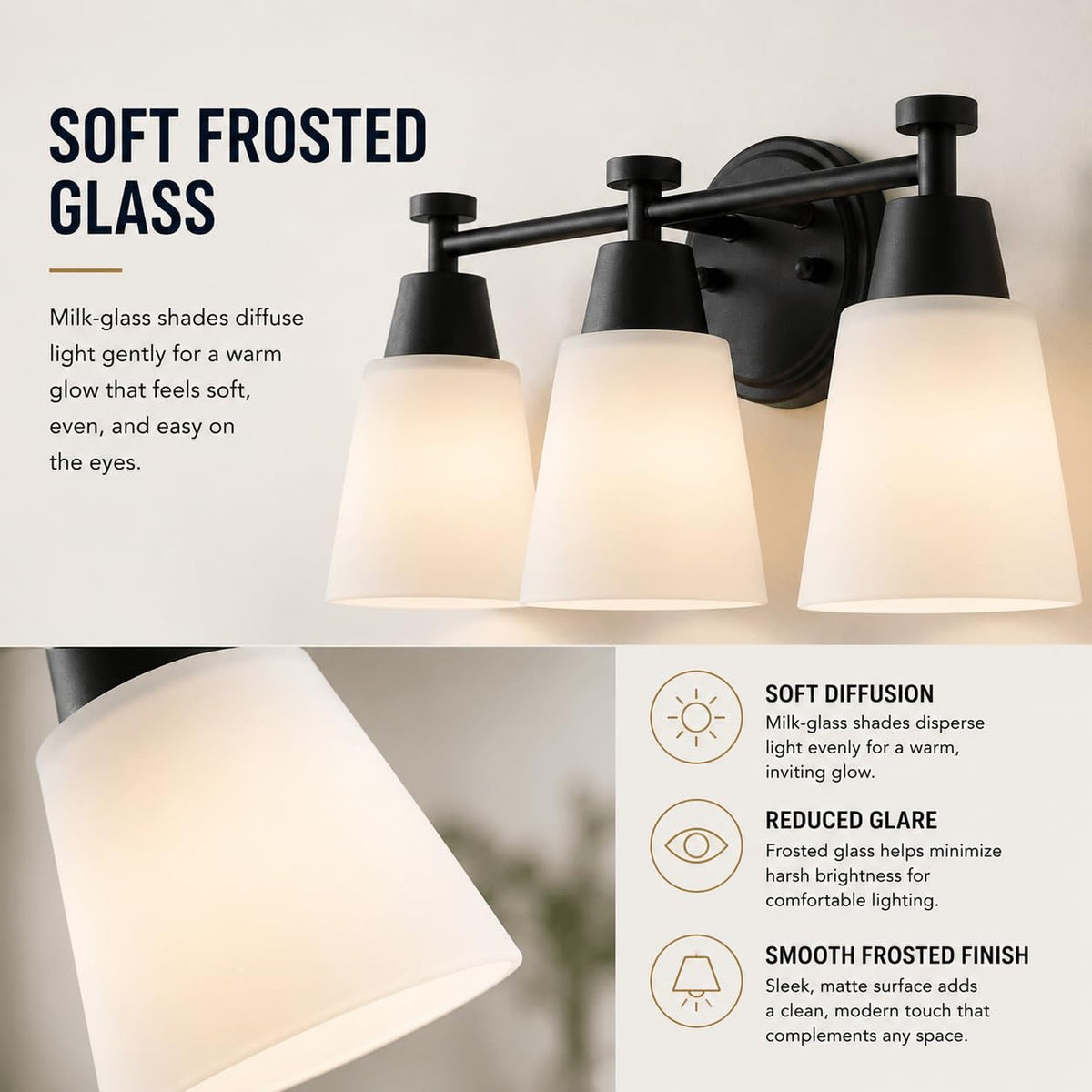 3-Light Bathroom Vanity Light Fixture Matte Black Stainless Steel Frosted Glass Wall Sconce