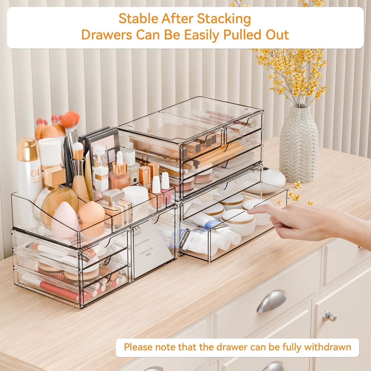 Large Capacity Makeup Organizer with Stackable Drawers and Top Tray - Clear Vanity Storage for Cosmetics & Skincare