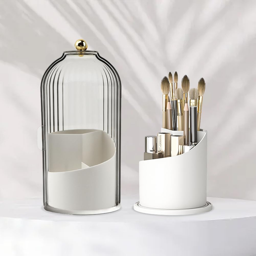 Rotating Makeup Brush Holder with Lid - Waterproof Dustproof Organizer for Vanity