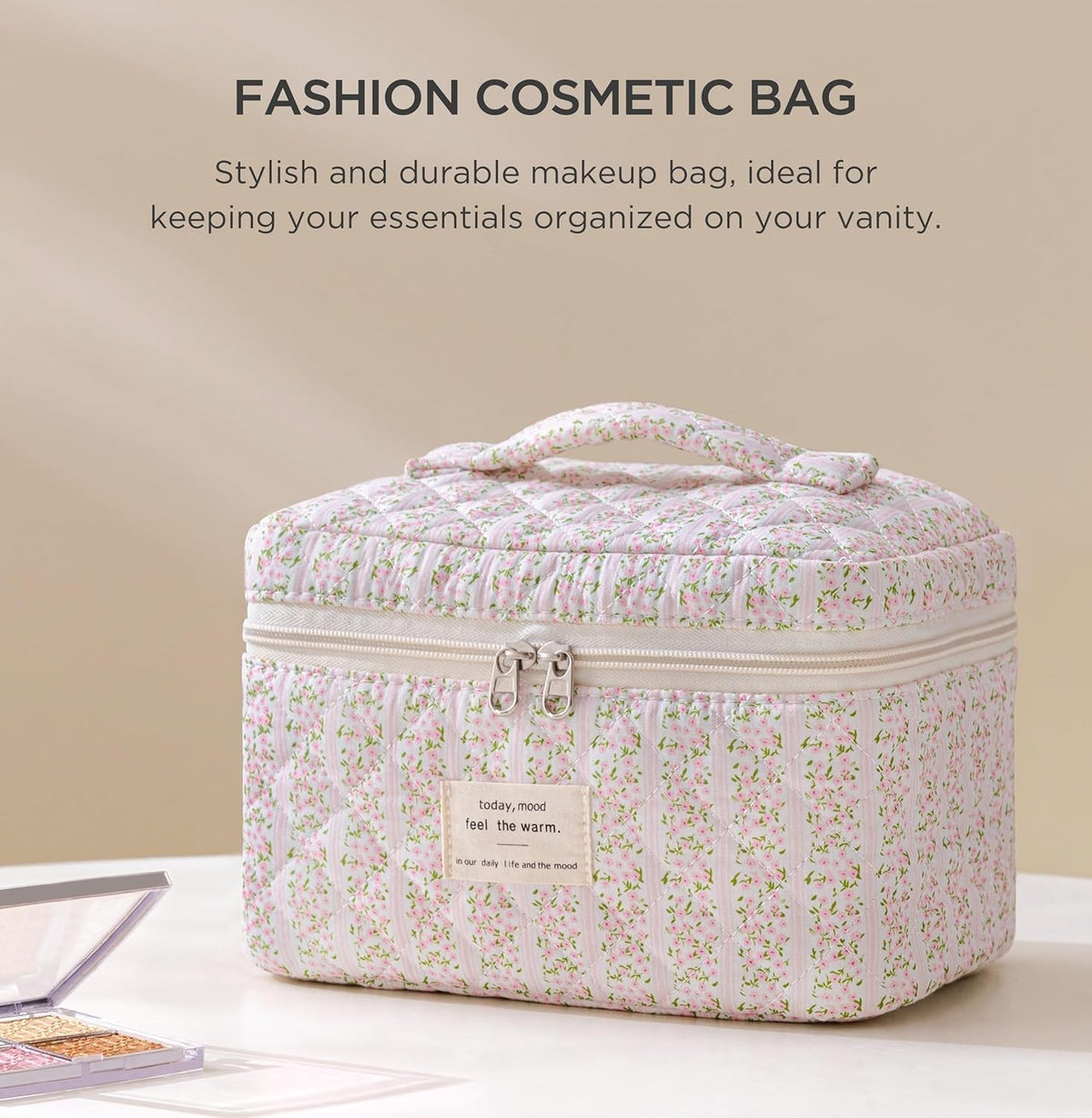Large Quilted Travel Makeup Bag with Handle - Cotton Cosmetic Organizer