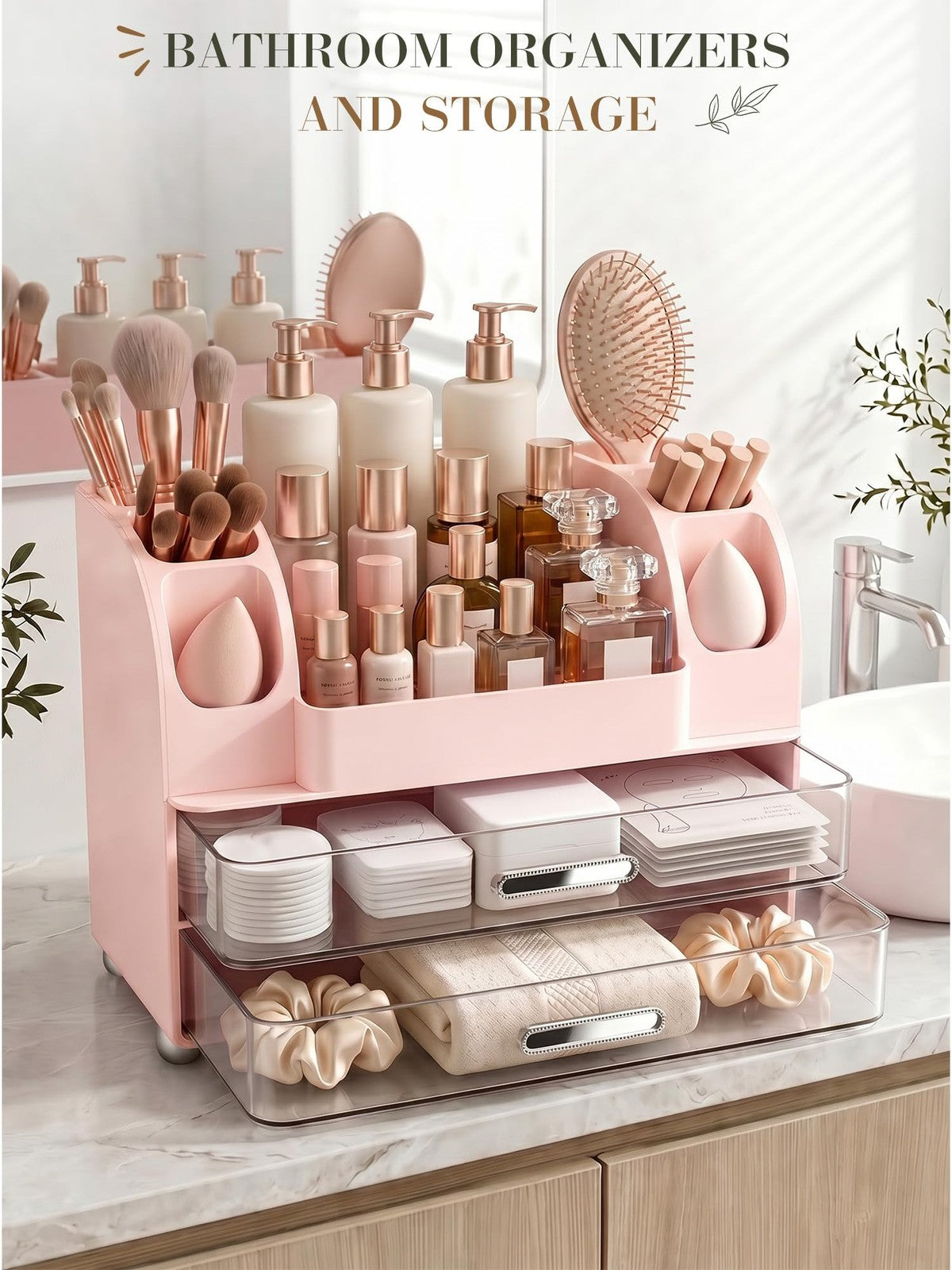 Large Makeup Organizer for Vanity Countertop with Drawers and Side Slots