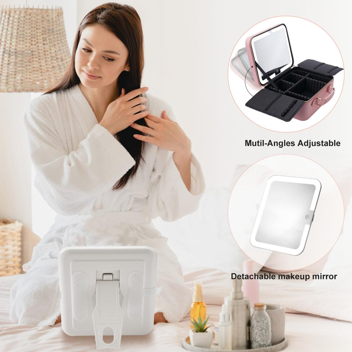 Travel Makeup Bag with LED Lighted Mirror - Waterproof Cosmetic Organizer