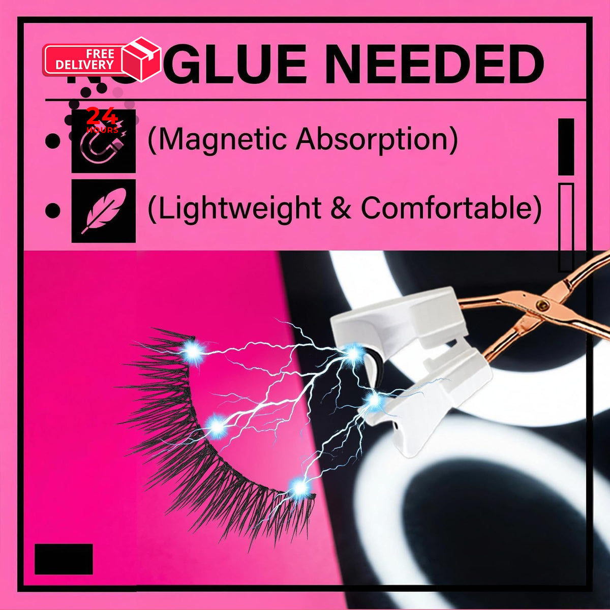Magnetic Reusable False Eyelashes with Applicator & Case - Pink, 2 Pairs