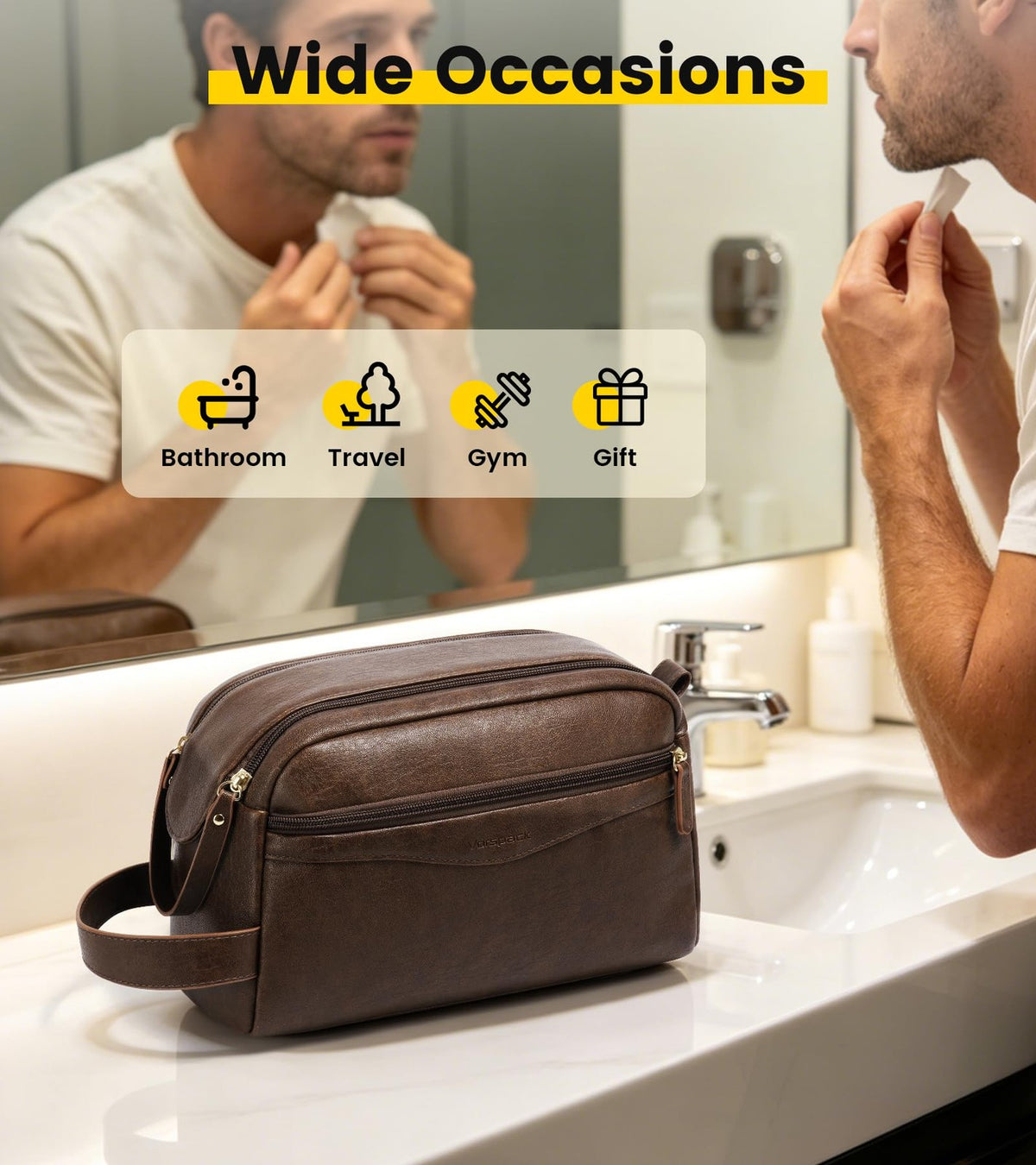 Men's PU Leather Toiletry Bag with Wide Opening Travel Organizer