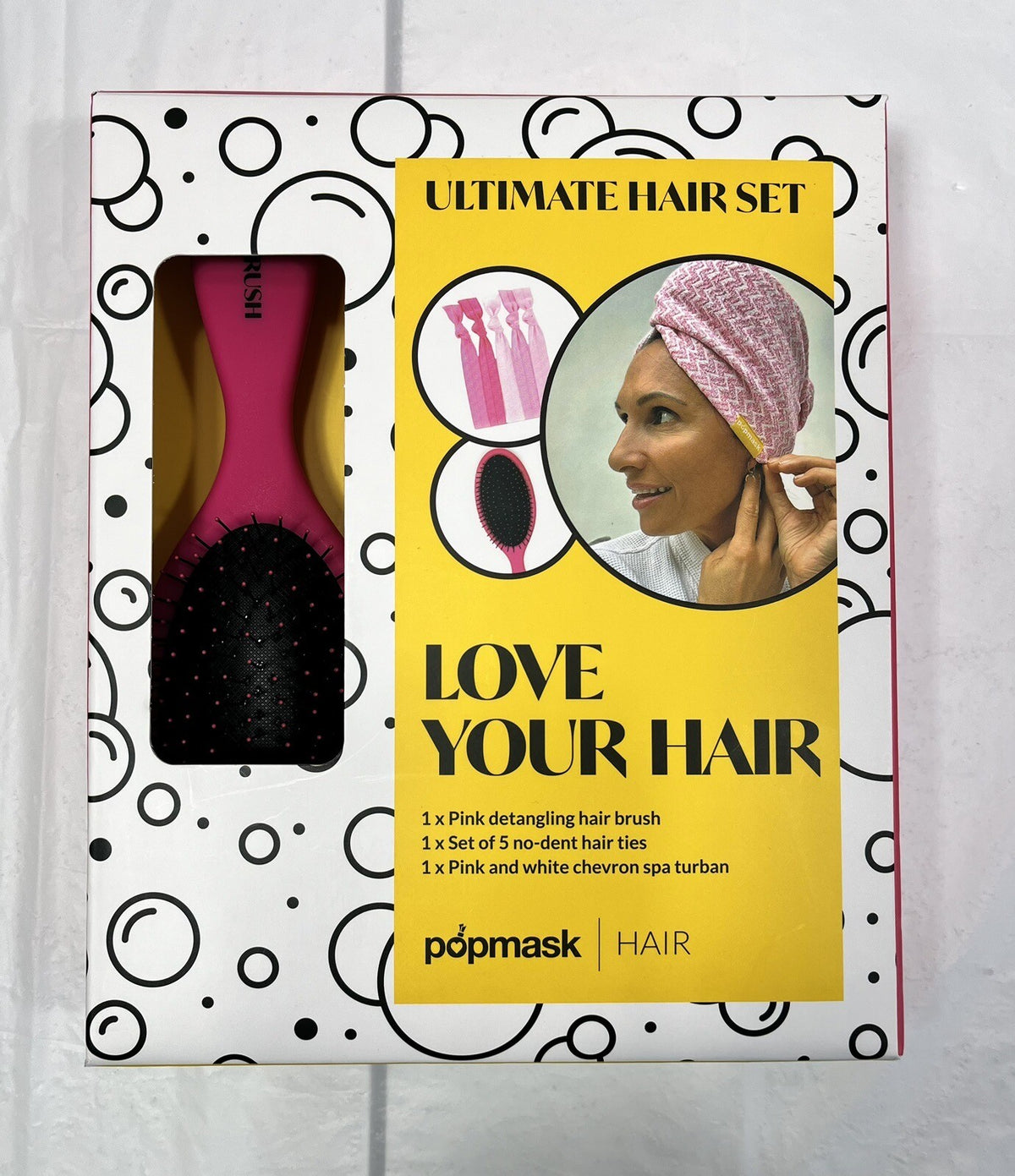 Hair Care Set with Detangling Brush, No-Dent Hair Ties & Spa Turban