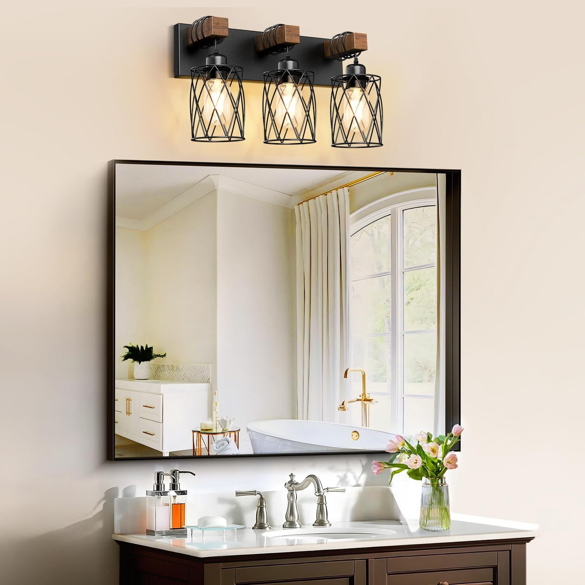 3-Light Farmhouse Vanity Light Fixture for Bathroom & Bedroom - Black Wood and Metal