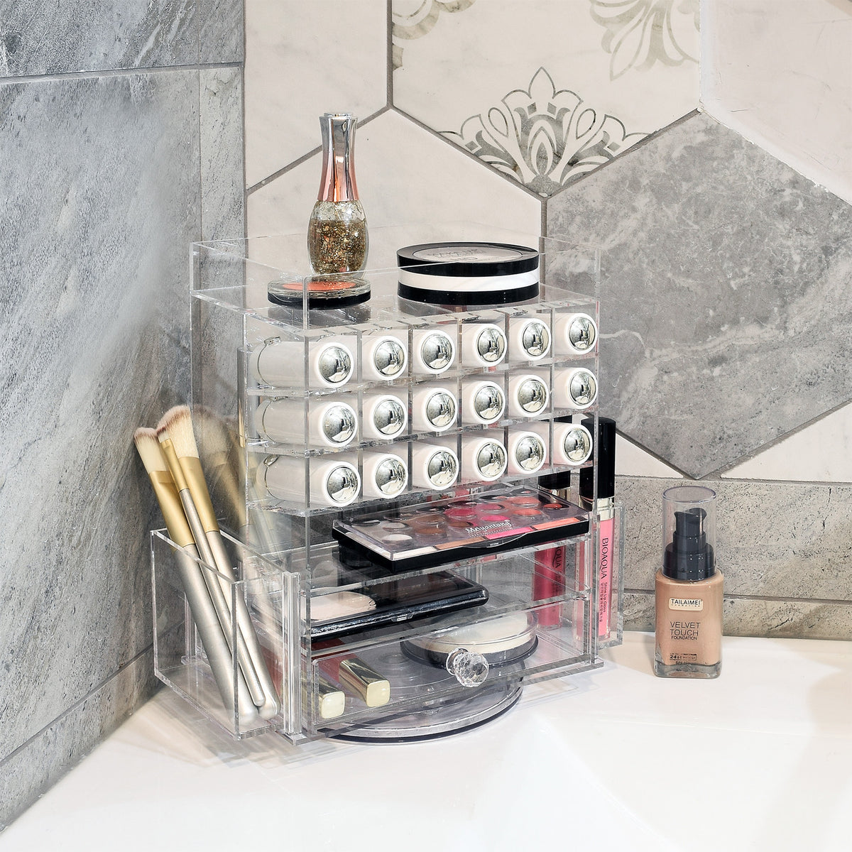 Rotating Acrylic Makeup Organizer with 18 Lipstick Slots & Compartments