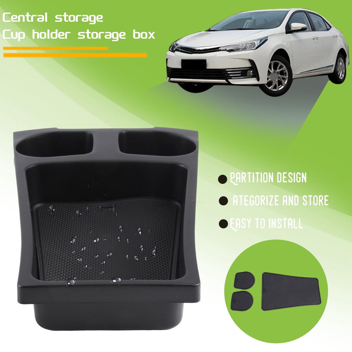 Car Center Console Cup Holder Tray Organizer with Removable Silicone Mats