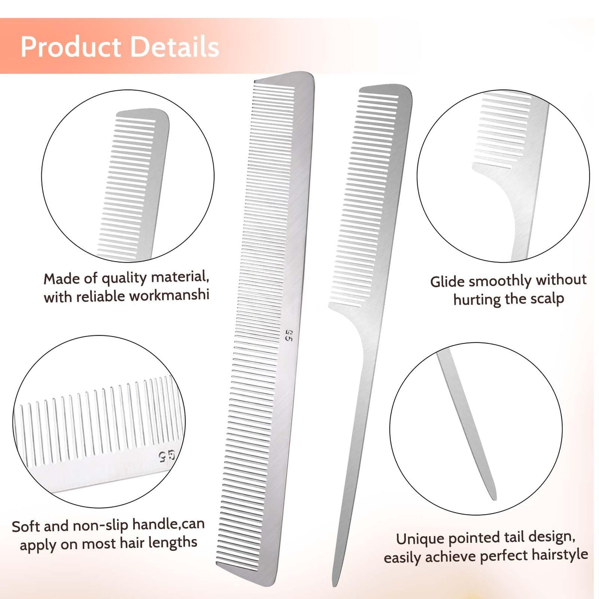Stainless Steel Rat Tail Comb Set with Metal Pick and Small Flat Comb - Silver, 2 Pack