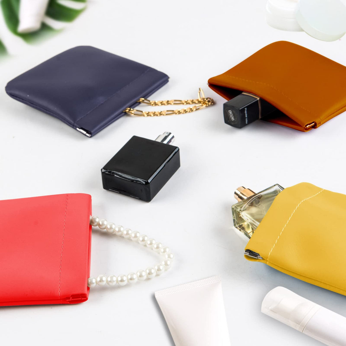 4-Pack Leather Cosmetic Bags Mini Makeup Pouches Portable No Zipper