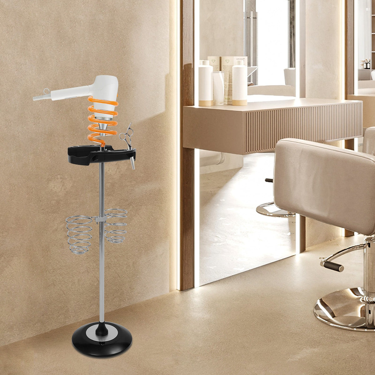 Hair Dryer Stand with Tray and Spiral Holder - Salon Styling Organizer