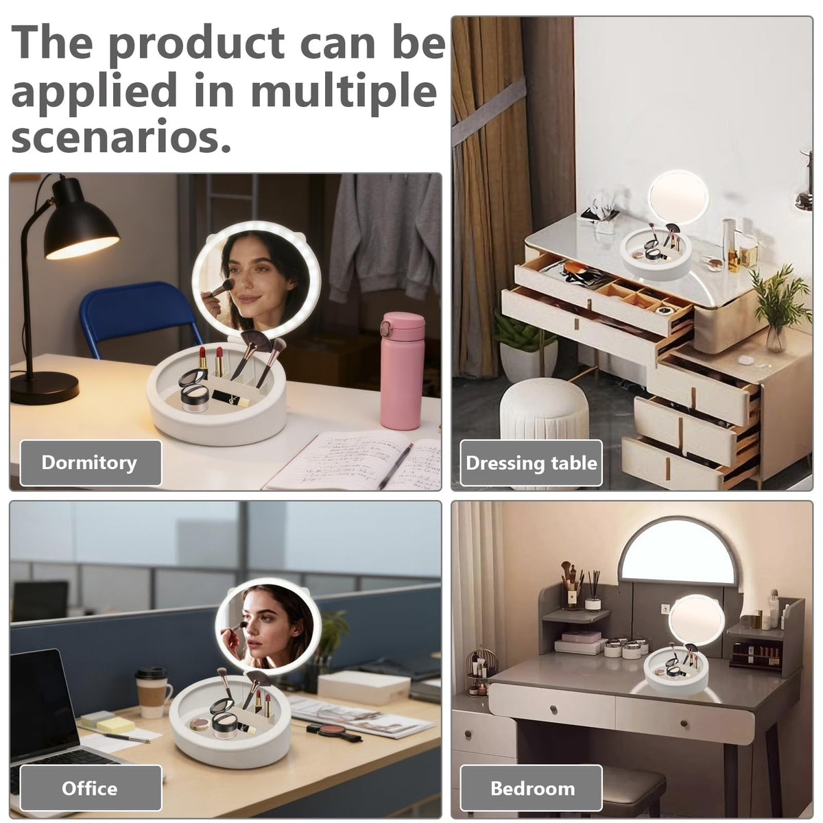 LED Makeup Mirror with Storage - 10X/1X Magnification, 66 LED Lights, Dimmable, USB Rechargeable, Portable Vanity Mirror